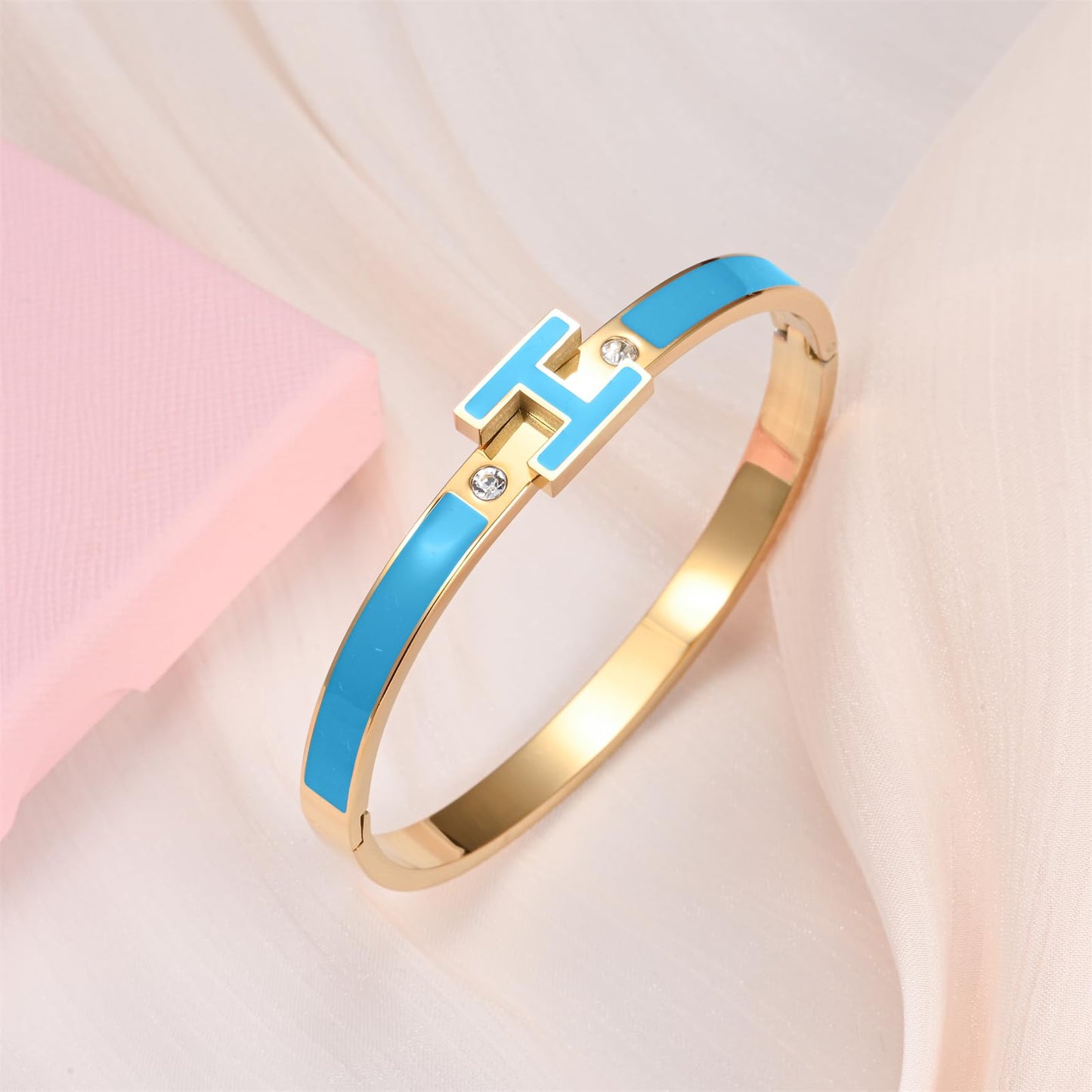 Hothink Gold Bracelets for Women, H Bangle Bracelet, Dainty 18K Gold Plated Stainless Steel Enamel Bracelet for Everyday, Work, Party, Stackable Gift for Mom, Wife, Girlfriend
