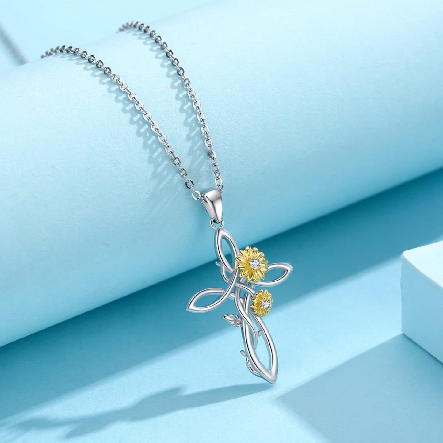 Silikepa Sunflower Necklace for Women 925 Sterling Silver Sunflower Cross Pendant Necklace You Are My Sunshine Pendant Jewelry Gift for Women