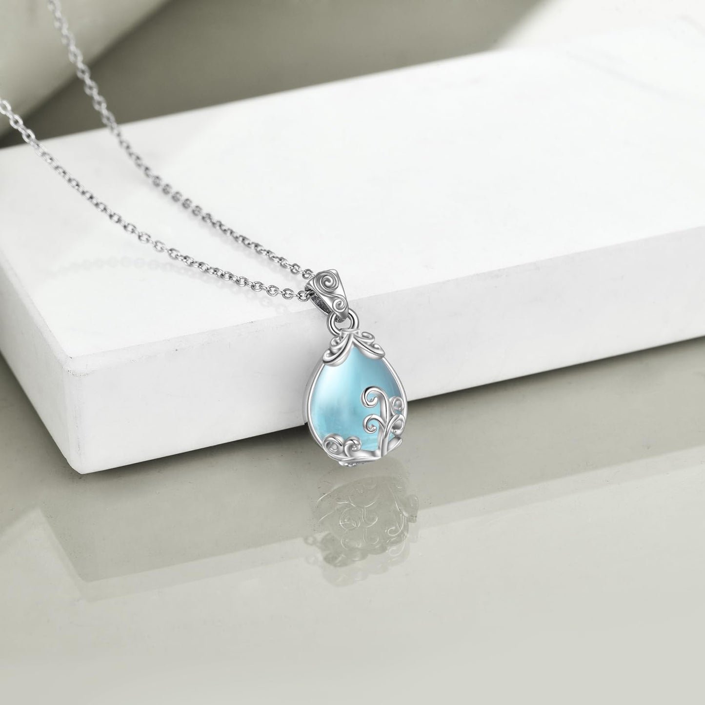 POPLYKE Sterling Silver Aquamarine Filigree Teardrop Pendant Necklace Gemstone Crystal Jewelry for Women