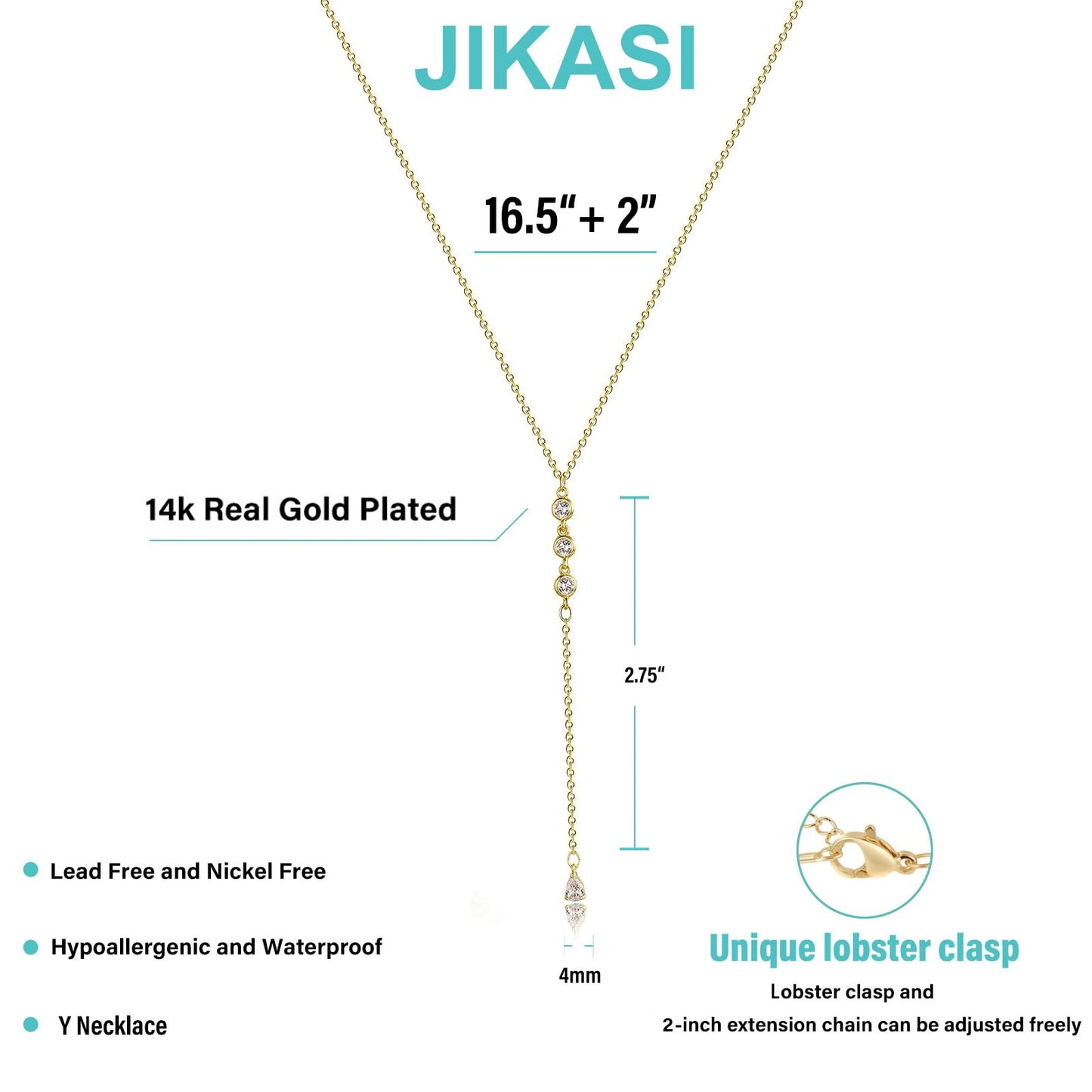 JIKASI Gold Necklaces for Women, Dainty Long Necklace Gold Y-Shaped Body Chain Pendant Necklaces Long CZ Beaded Chain Choker Drop Necklaces Wedding Jewelry Gifts
