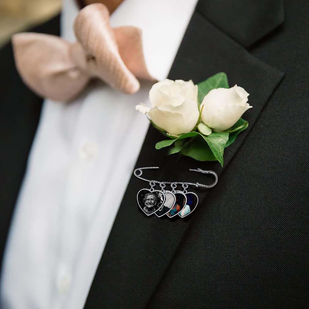 Custom4U Picture Lapel Pins Pack of 4 Memorial Wedding Heart Funeral Boutonniere Pin Kit with Photo Groomsmen Gifts Groom