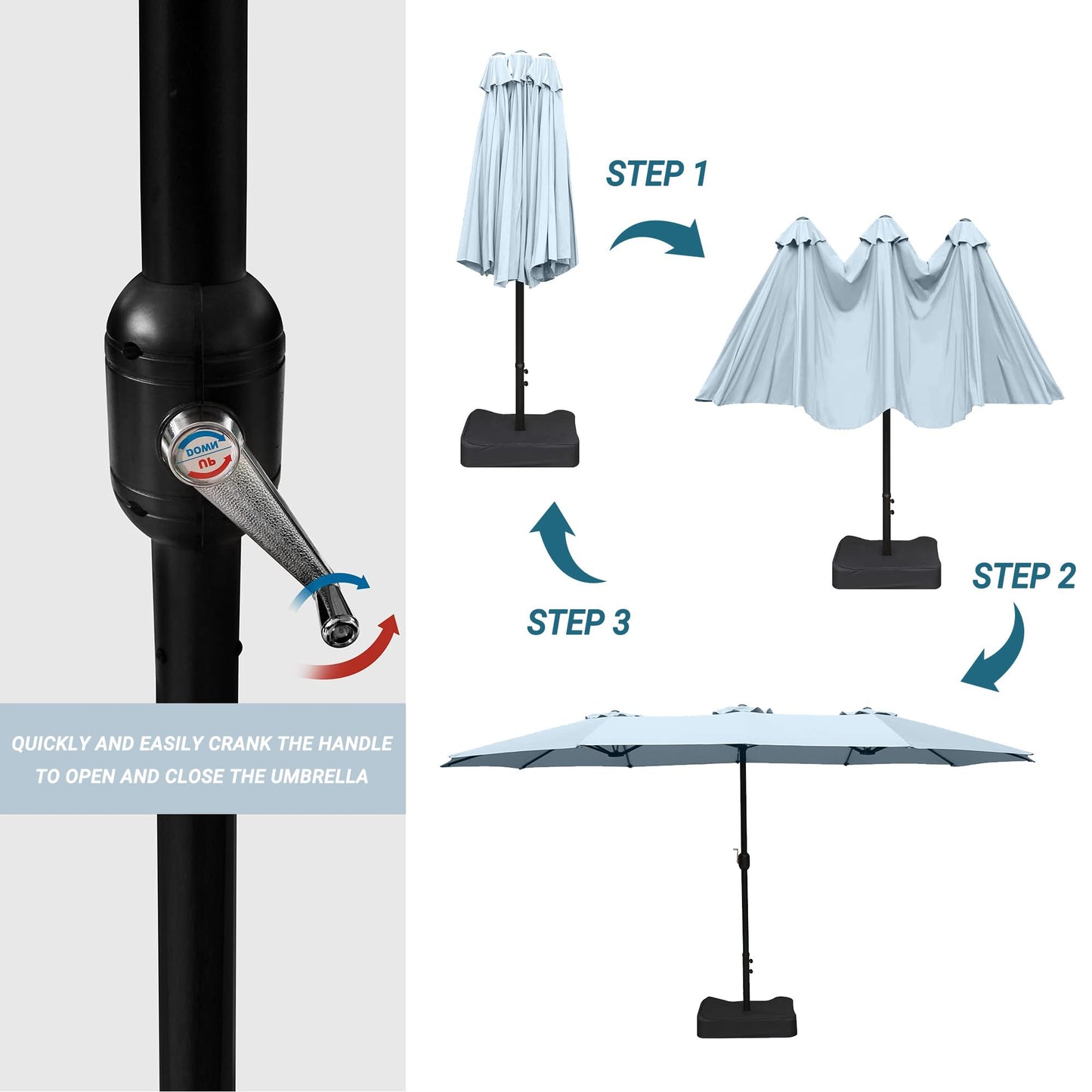 Bigroof 15ft Patio Umbrella with Base, Large Outdoor Double-Sided Market Umbrella with Terylene Polyester Fabric and Crank for Poolside Garden Deck Backyard Beach Pools, Light Blue