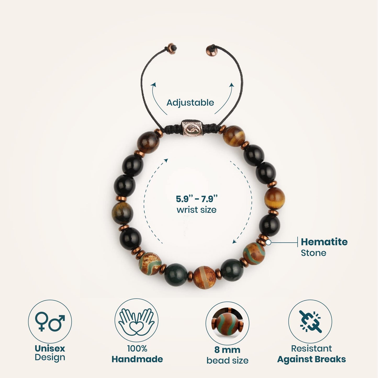 Semita Beaded Crystal Bracelet for Strength with Tigers Eye, Onyx, Bloodstone and Tibetan Agate Beads