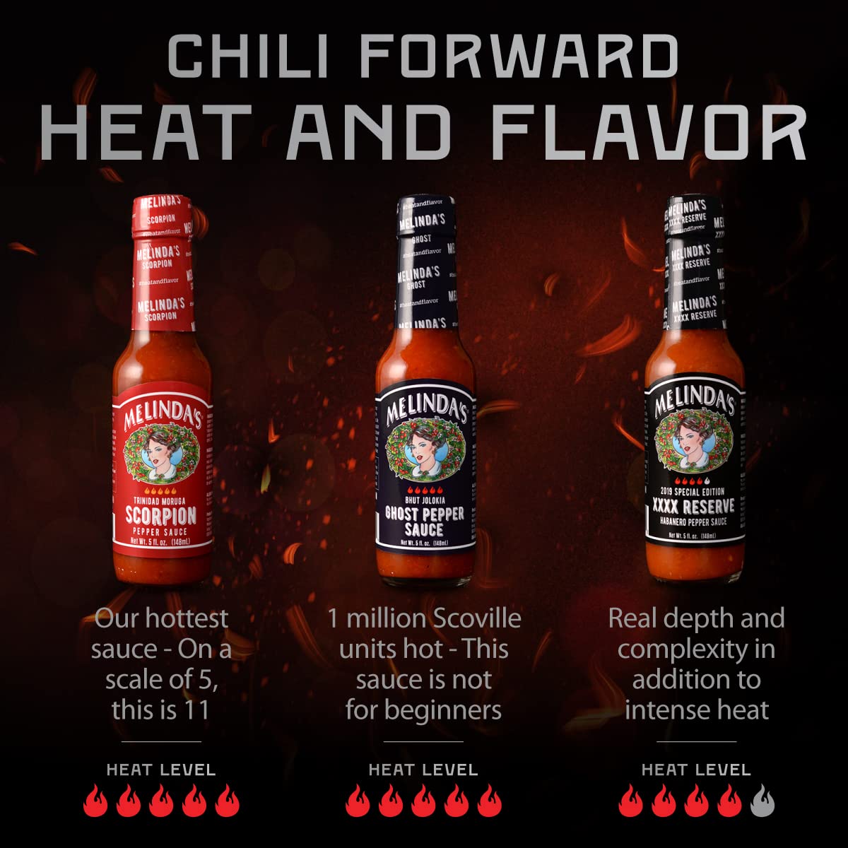 Melinda’s Extreme Fiery Variety Pack - Extra Spicy Craft Hot Sauce Gift Set - Includes Ghost Pepper, Scorpion Pepper, Habanero XXXXtra Reserve - Extreme Heat Hot Sauce Variety Set - 5oz, 3 Pack