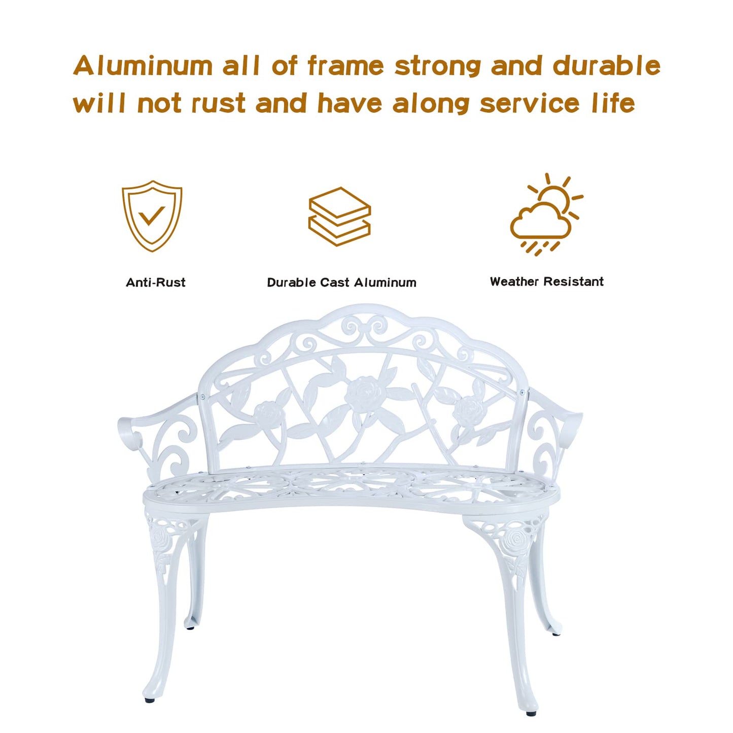 YKSY&YKSY Patio Garden Bench Metal Park Bench Cast Aluminum Outdoor Furniture with Floral Rose for Patio,Park,Lawn,Yard (White)