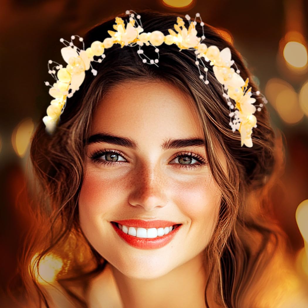 Zehope Light Up Flower Headbands LED Princess Pearl Floral Wreath Headpiece Bridal Wedding Garlands Hair Accessories for Women (White, Standard)