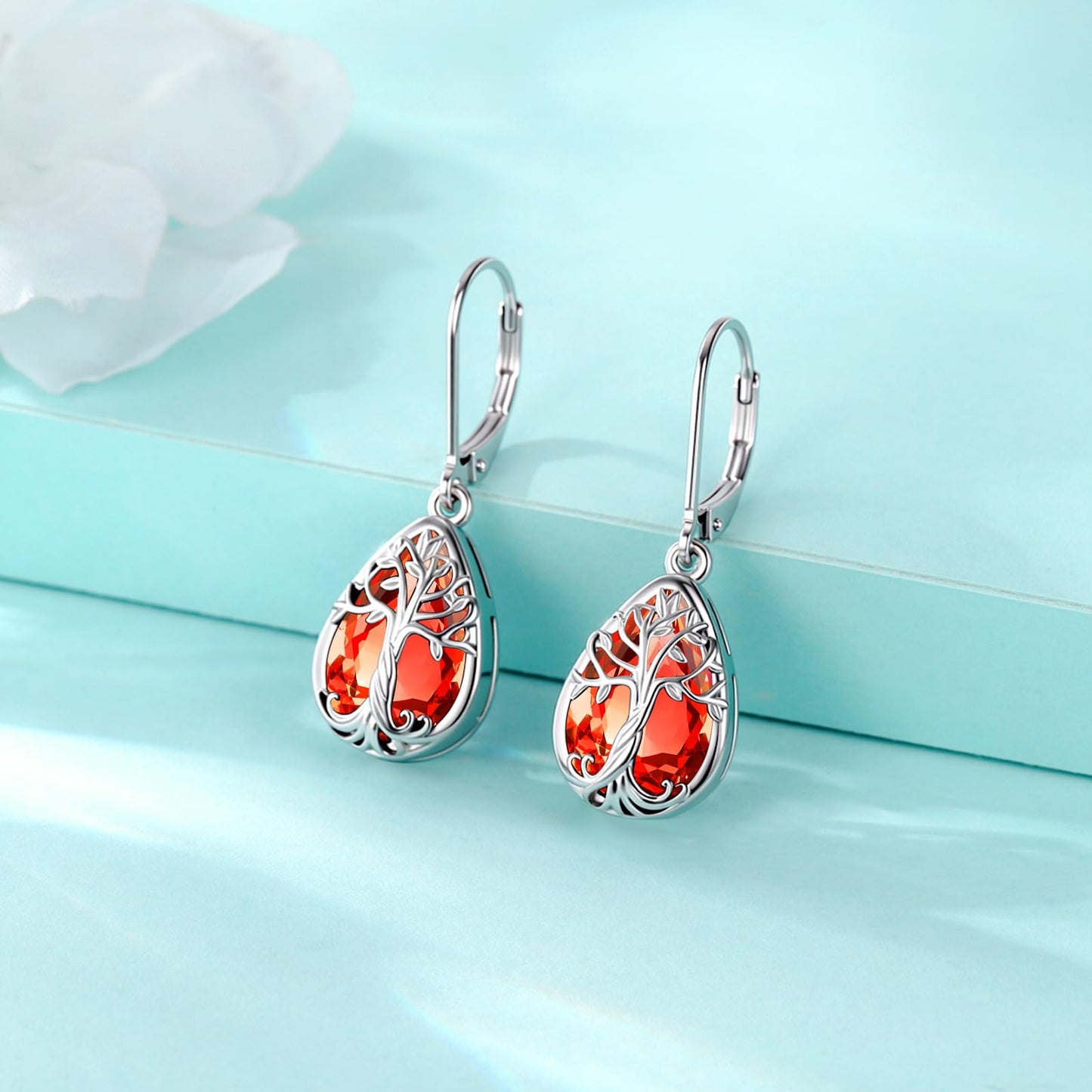 Eusense Sterling Silver Tree of Life Earrings with Ruby Red July Birthstone Jewelry Teardrop Dangle Leverback Earrings Tree of Life Jewelry Gift for Women