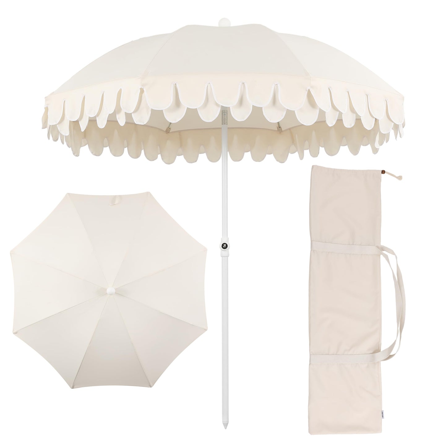 JONATHAN Y UMB1004C Horizon 6.5 ft. Classic MidCentury Scalloped Fringe Market Beach Umbrella with Push-Button Tilt, Wind Vent and UV Protection, and Matching Carry Bag in Cream/White, White Pole