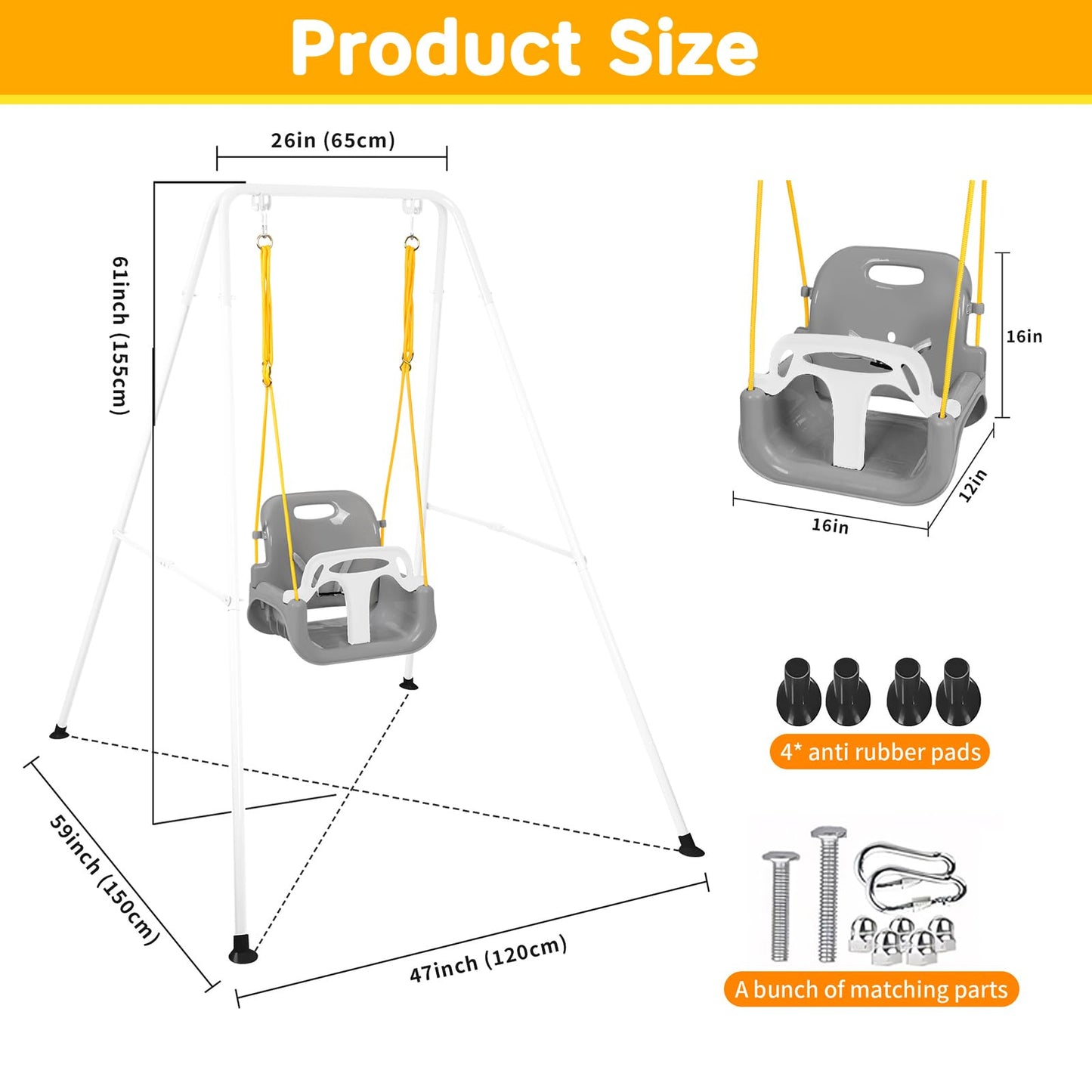3-in-1 Toddler Swing Set, Foldable Baby Swing with Stand, Indoor & Outdoor Kids Swings Sets, Multifunctional Swings for Home Backyard, Easy to Install and Store (White)