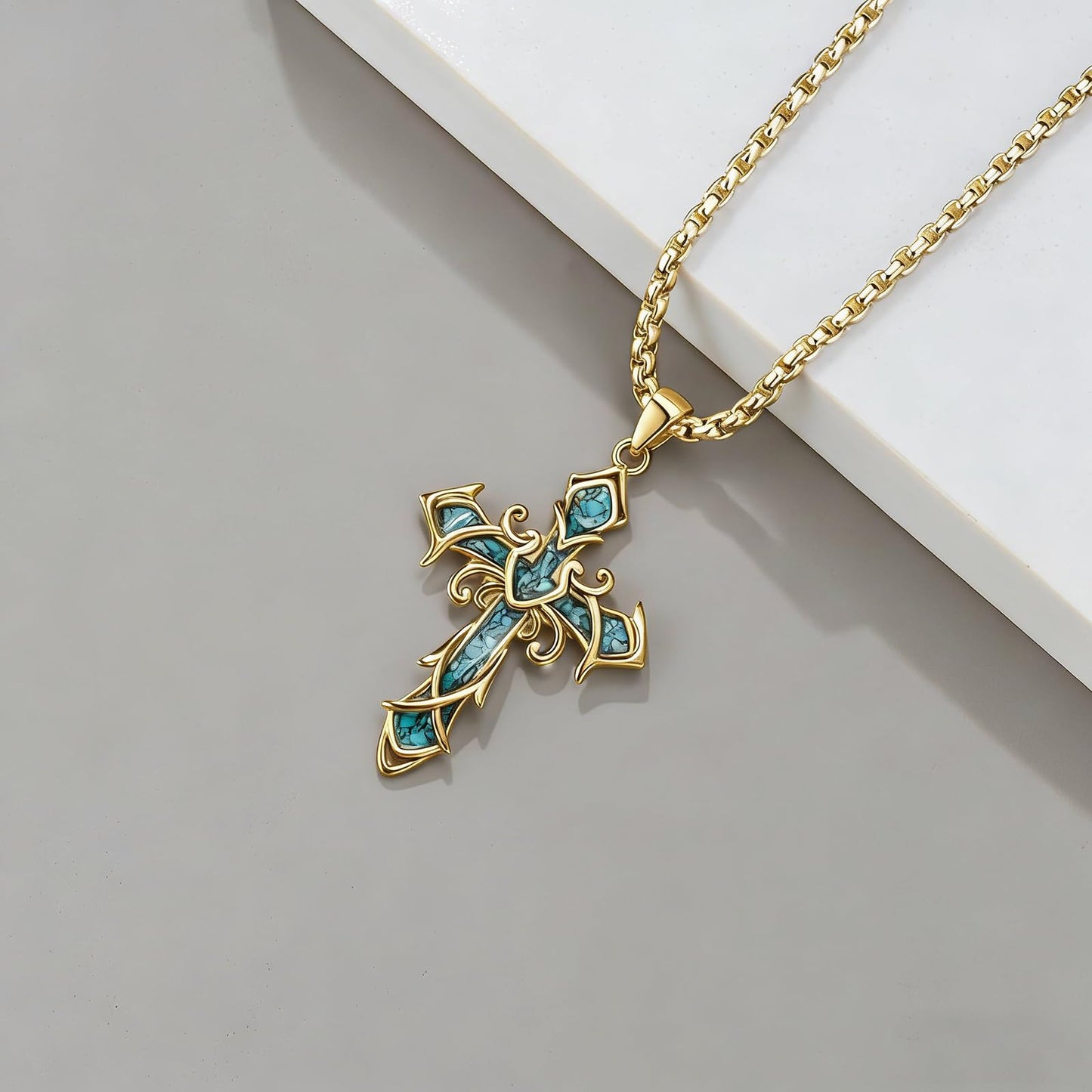 YEESIA Cross Necklace for Men Women, 925 Sterling Silver, Gold Cross Pendant Necklace with Turquoise, Christian Jewelry, Gift for Men Women