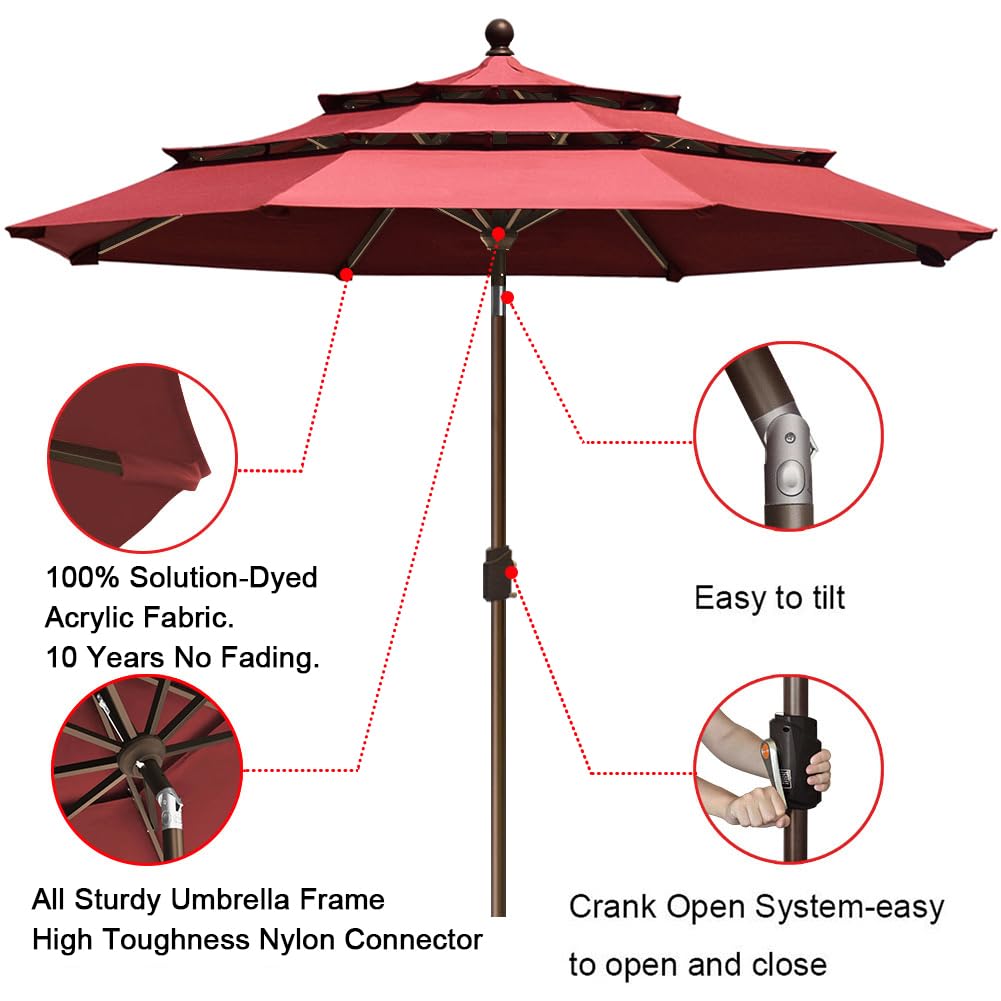 EliteShade USA 10-Year-Non-Fading 9ft 3-Tier Market Patio Umbrella, Commercial Grade Outdoor Table Umbrella with Crank Open, Windproof & UPF 50+ UV Protection, Heavy Duty Ventilation for Garden, Deck, Pool, Backyard, Beach & Bistro, Burgundy