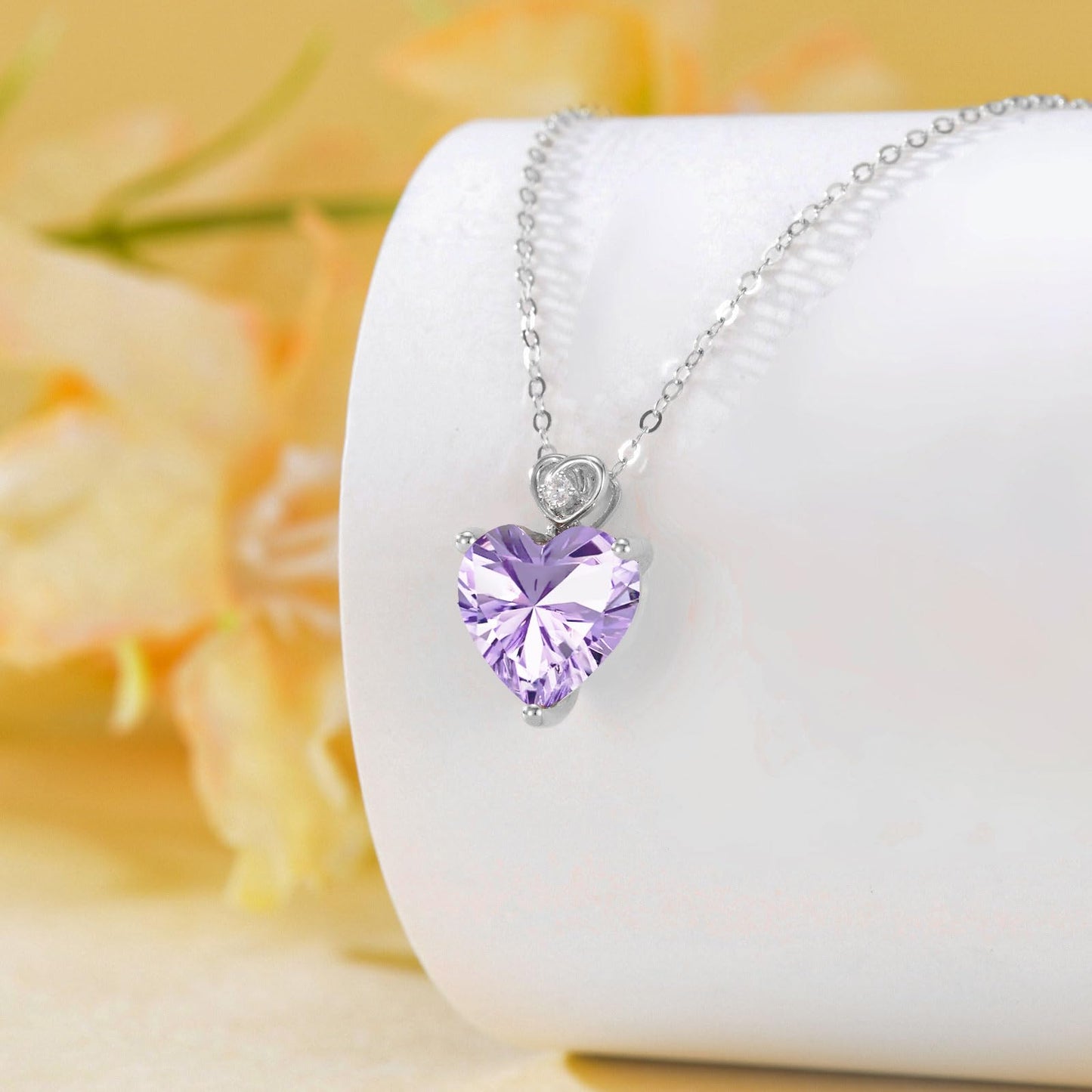 NFYBD 14k White Gold Love Heart Light Amethyst Birthstone Pendant Necklace for Women 3 Carat Heart-cut Created Gemstone Anniversary Birthday Mother's Day Necklaces for Her-june