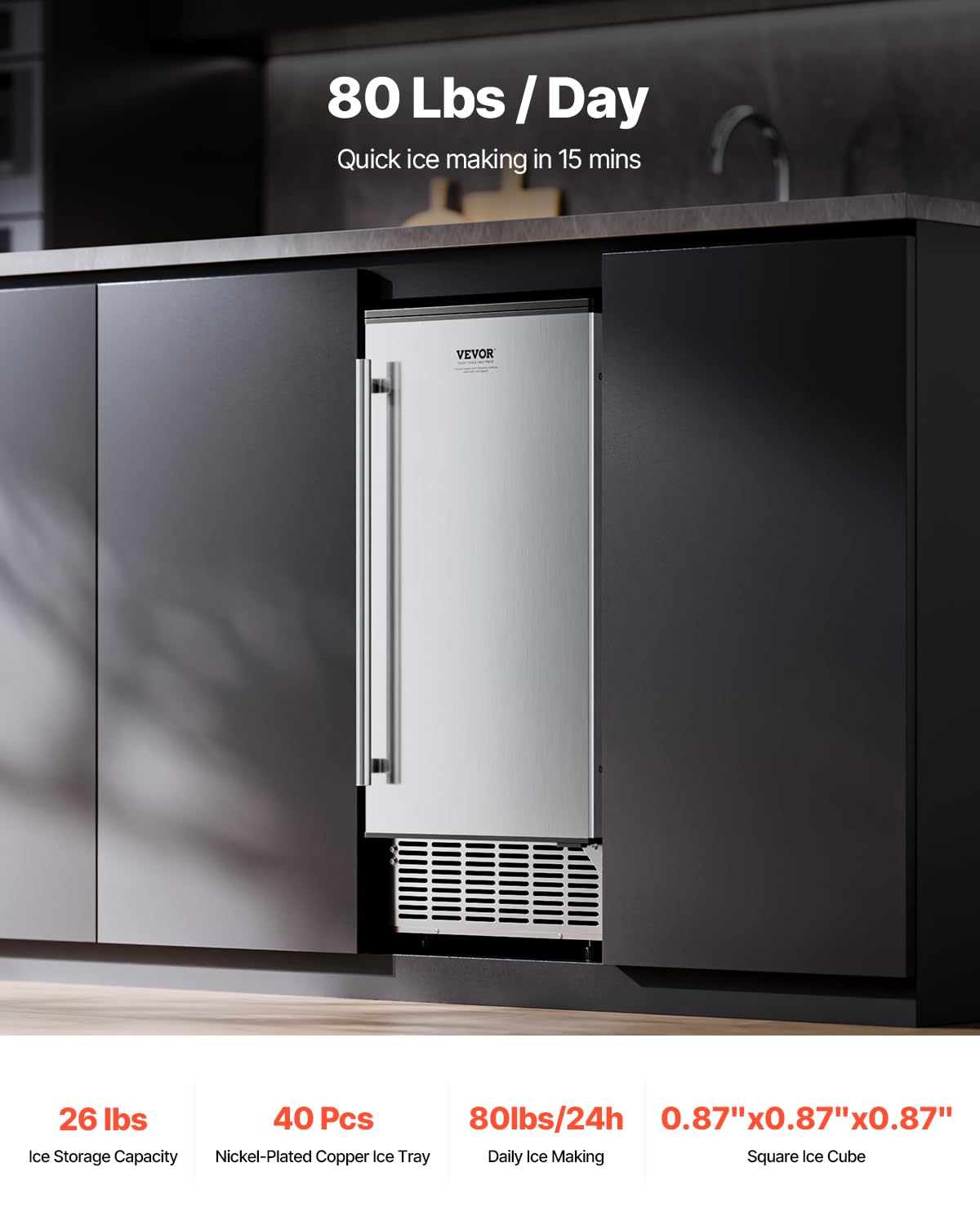 VEVOR Under Counter Ice Maker Machine, 80 Lbs/Day Undercounter Built-in Ice Maker with Reversible Door, Stainless Steel Freestanding Ice Machine for Commercial Home Kitchen