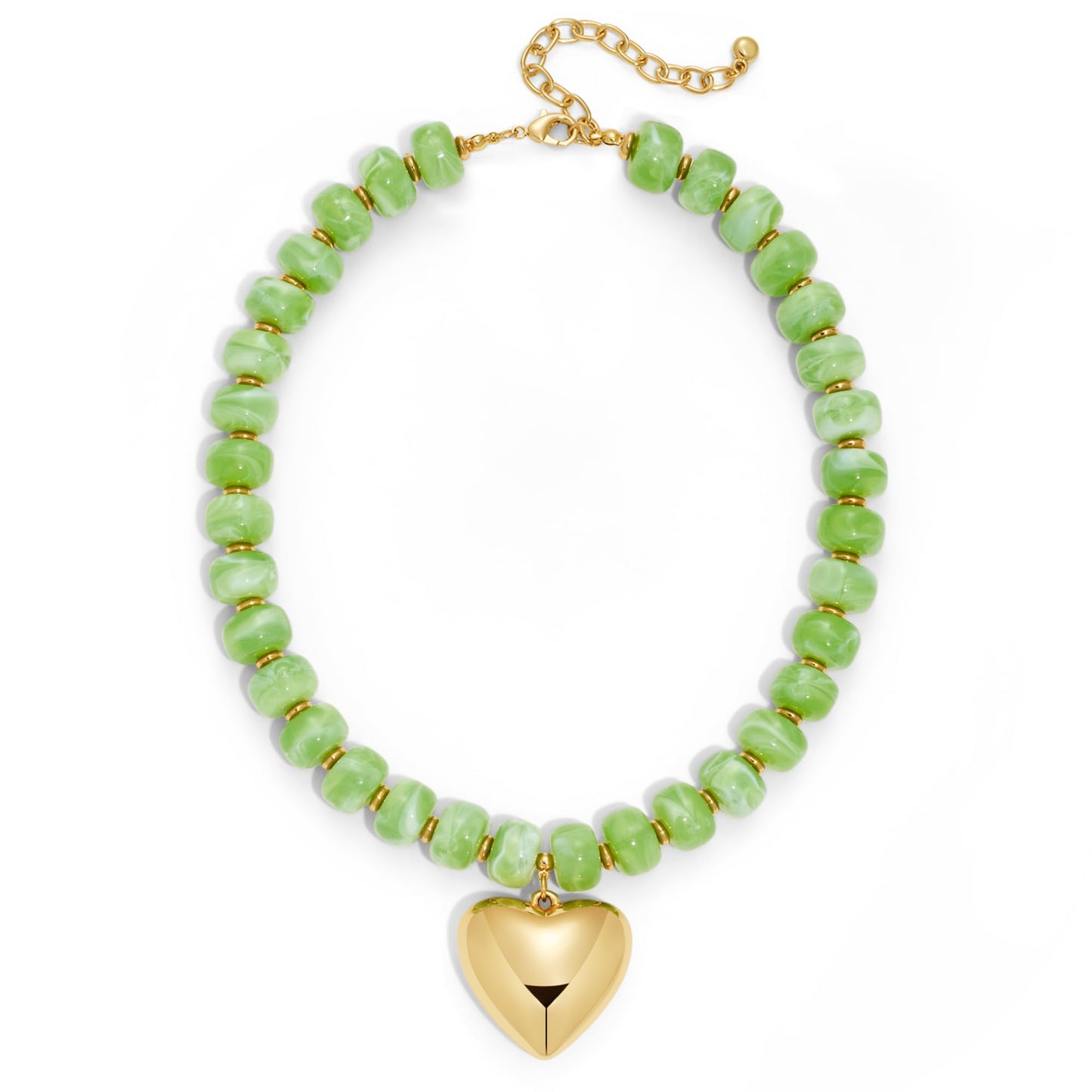 ENSKEFEN Puffy Gold Heart Pendant Necklaces for Women Boho Green Resin Acrylic Beaded Necklace Chunky Bead Choker Necklace Summer Fashion Jewelry
