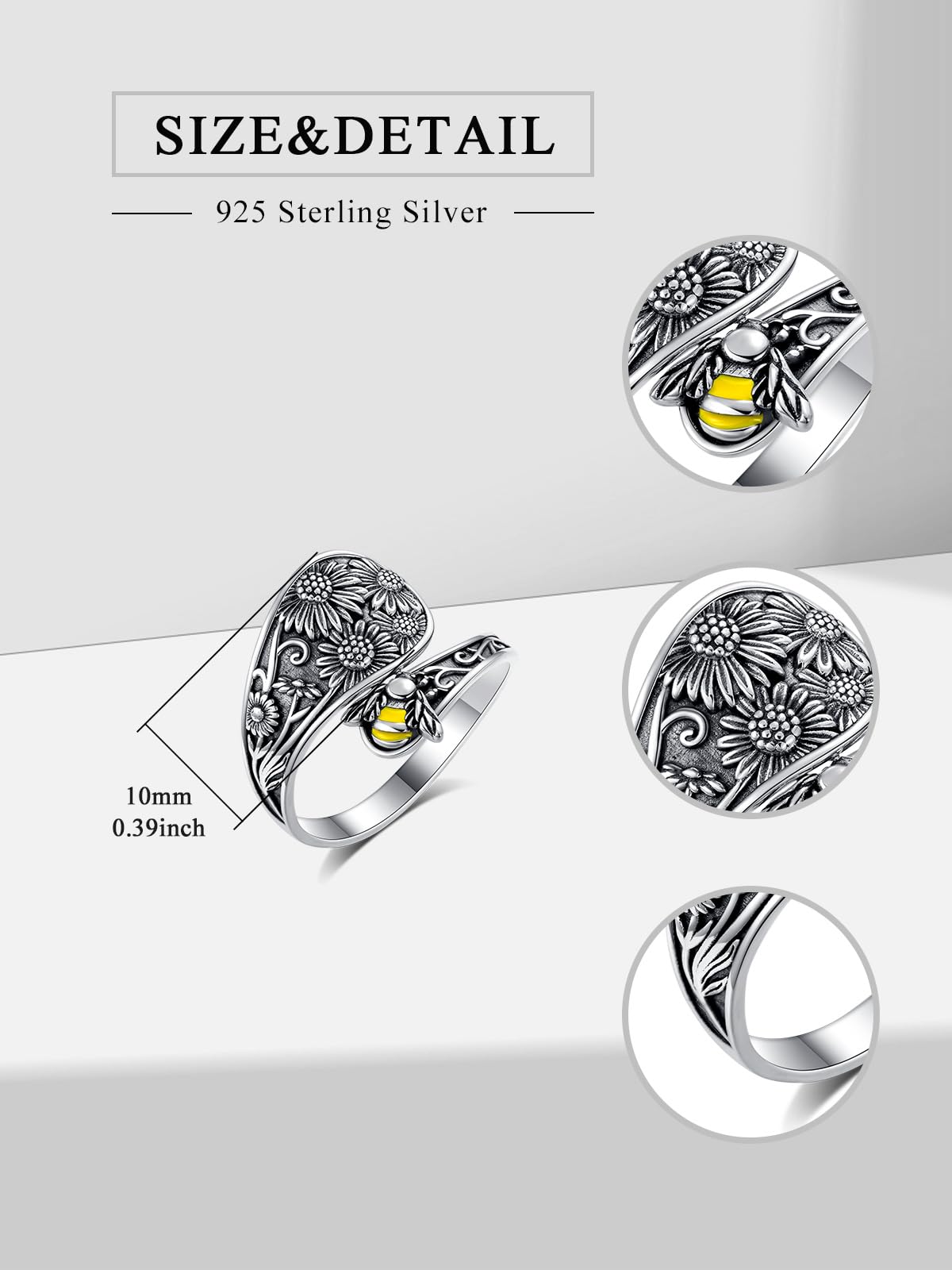 Midari Sunflower Bee Spoon Ring Sterling Silver Sunflower Ring Bee Ring for Women Adjustable Ring Flower Animal Jewelry Birthday Christmas Gifts for Women Daughter Wife(Customization)