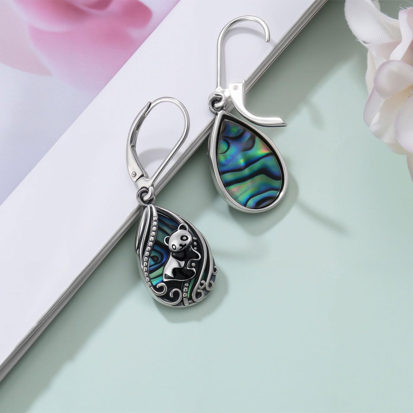 YYmqmq Panda Earrings for Women 925 Sterling Sliver Abalone Dangle Drop Earrings Leverback Panda Jewelry Gifts for Women Girlfriend