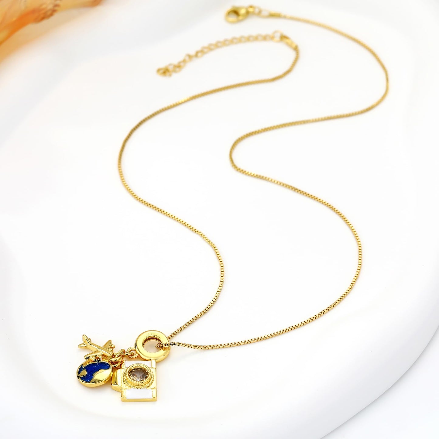 MISS RIGHT Charm Necklace for Women 18K Gold Plated World Travel Pendant Camera Airplane Earth Charms Necklace, Travel Jewelry Gifts for Women CAMERA
