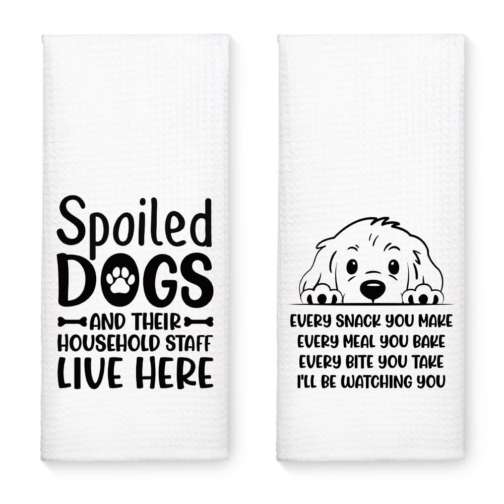 WUUCK00 2pcs Spoiled Dogs Live Here Funny Kitchen Towel, Cute Dog Mom Kitchen Decor Dish Tea Hand Towel, Housewarming Gifts for Pet Lover Dog Owners, Christmas New Puppy Gifts for Family Friend