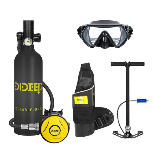 DIDEEP Scuba Tank 1L Capacity Mini Scuba Tank Support About 15-20 Minutes Underwater Breathing Portable Lung Tank with High Pressure Hand Pump for Emergency Rescue Underwater Exploration(Black)
