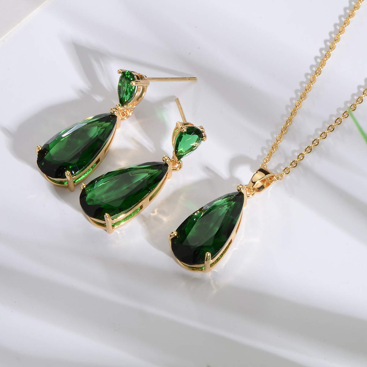 Emerald CZ Jewelry Set for Women - 18k Gold Plated Green Teardrop Cubic Zirconia Crystal Rhinestone Drop Earrings and Pendant Necklace Set for Mother of Bride Prom Party May Birthstone Fashion