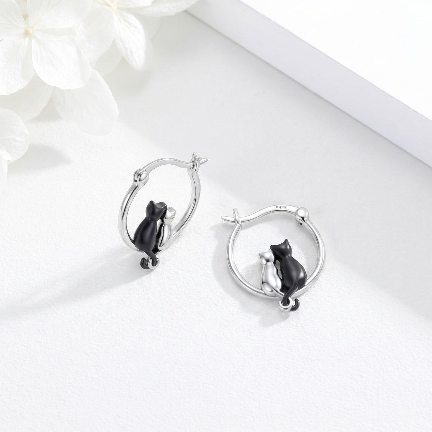 Two Cats Earrings 925 Sterling Silver Black and Silver Cat Huggie Hoop Earrings Animal Jewelry Best Friend Couples Sister Gifts for Cat Lovers Women