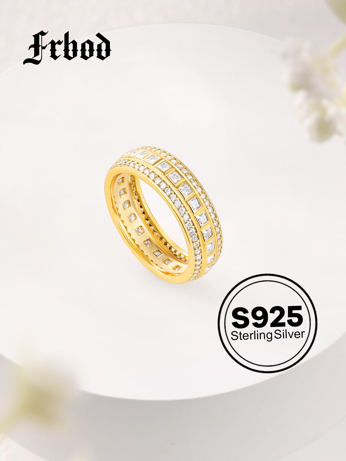 Frbod Moissanite Three Row Ring Diamond Engagement Promise Bands Yellow Gold Plated Eternity Ring for Women Size 6