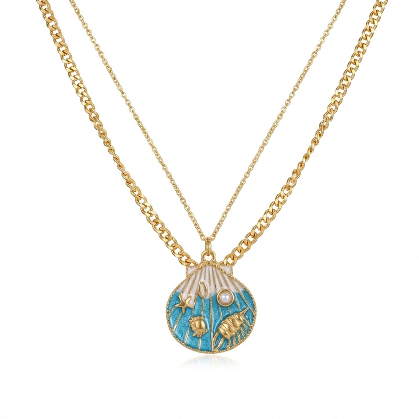 Gmai Double Layer 18K Gold-Plated Seashell Necklace,Enamel Ocean Pendant with Starfish,Crab & Faux Pearl 18in Adjustable Stainless Steel Chain for Women, Perfect for Summer Beach Party & Vacation (Gold, Animal)