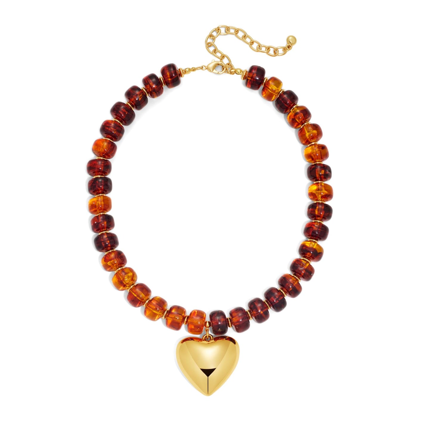 ENSKEFEN Brown Beaded Heart Pendant Necklaces for Women Trendy Puffy Gold Heart Chunky Necklace Boho Acrylic Resin Beads Necklace Vintage Statement Choker Necklaces Jewelry