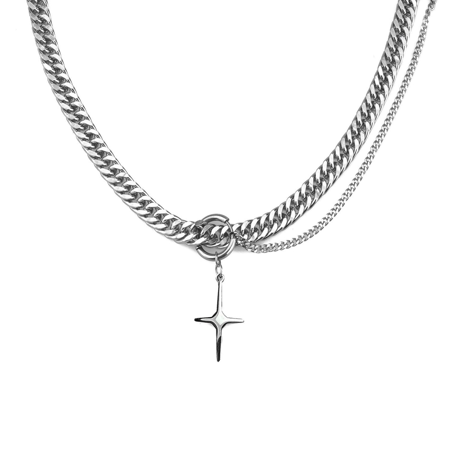 Buyongwant Star Pendant Irregular Necklace for Women Double Woven Chain Y2k Advanced Aesthetic Versatile Hip Hop Fashion Silver Titanium Steel