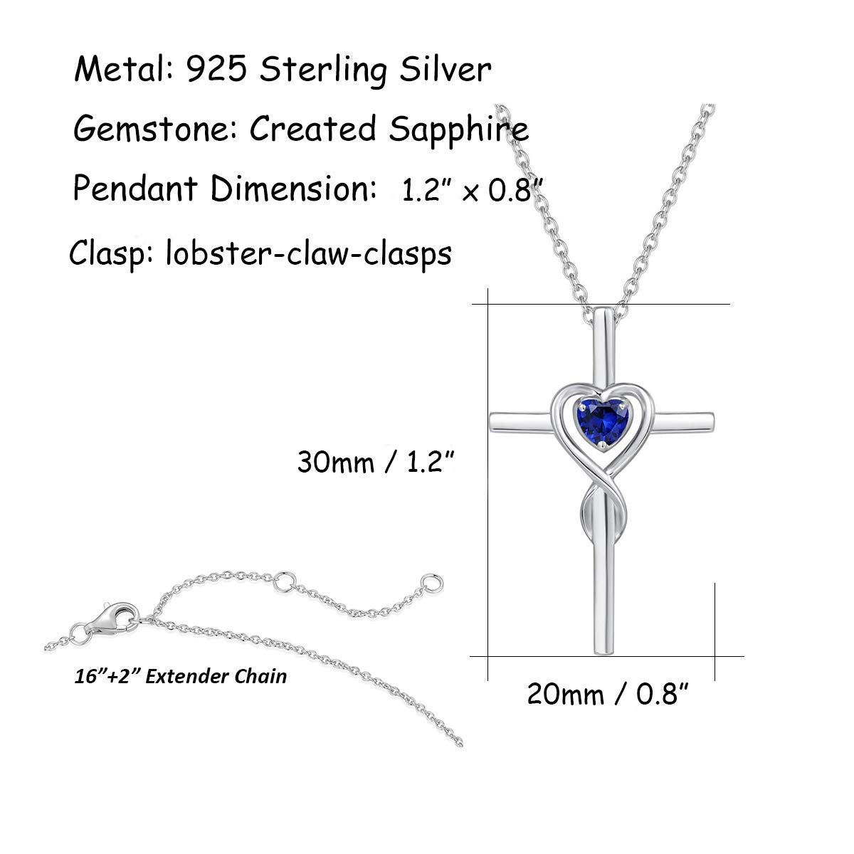 FANCIME Blue Sapphire Cross Necklace For Women Sterling Silver Birthstone Blue Sapphire Infinity Heart Cross Pendant September Birthstone Jewelry Gifts for Women