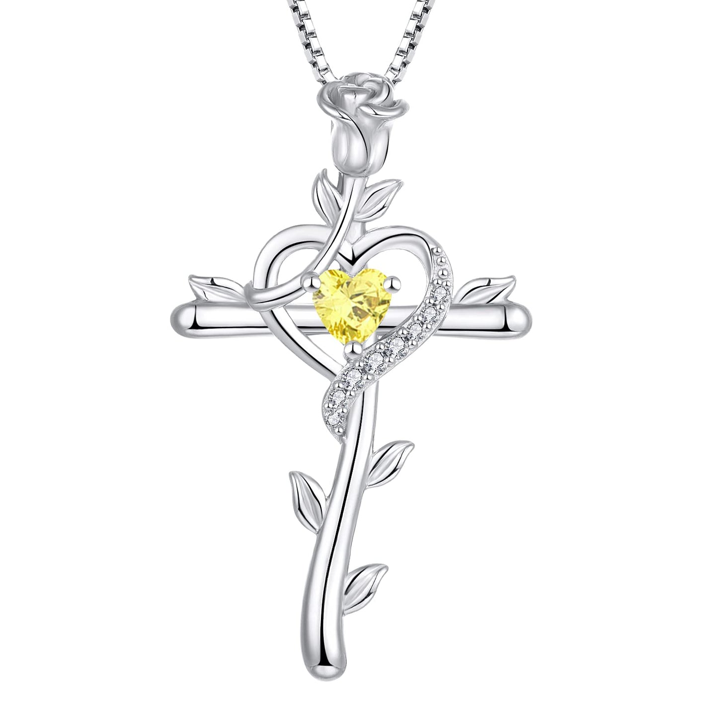 STARCHENIE Rose Cross Necklace 925 Sterling Silver Heart Crucifix Pendant Created Topaz Jewelry for Women