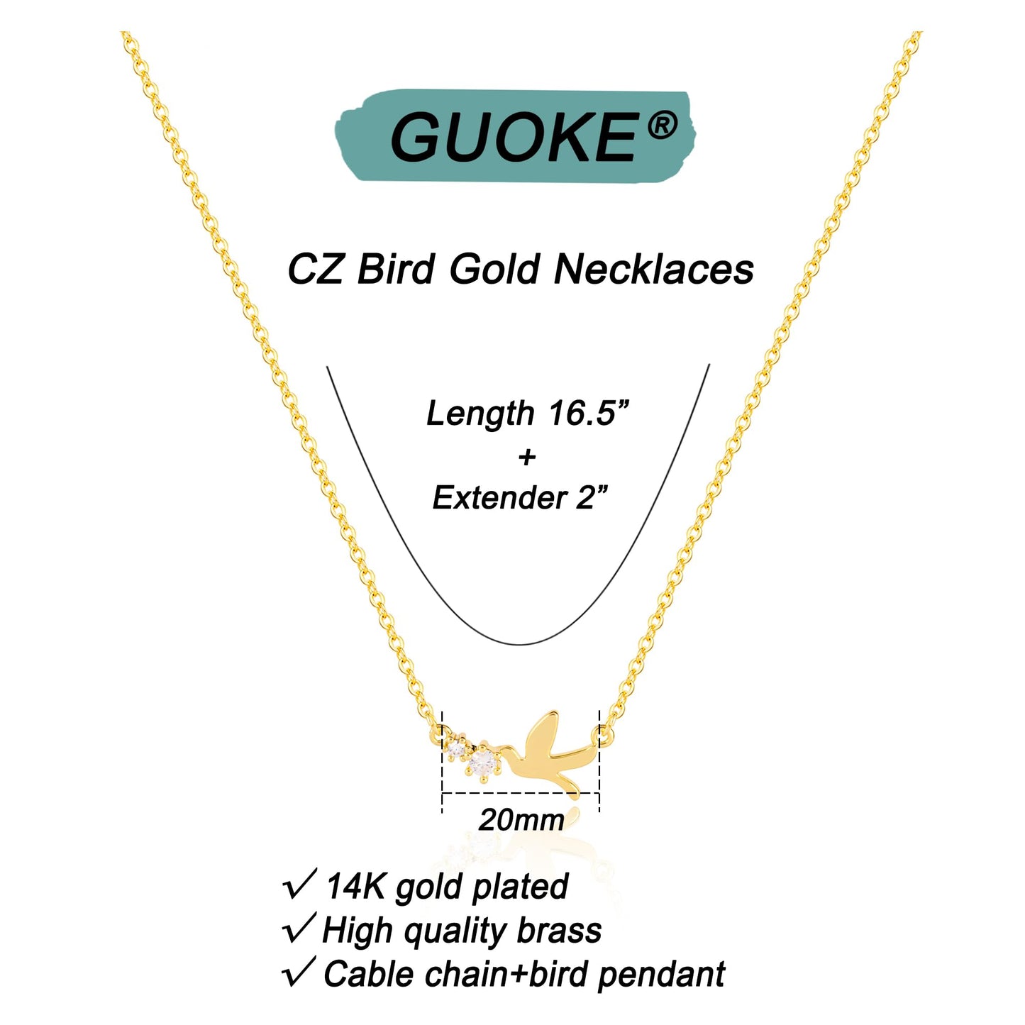 GUOKE Gold Bird Necklace - 14K Gold Plated Dainty Humming Bird Necklace Simple Jewelry for Women