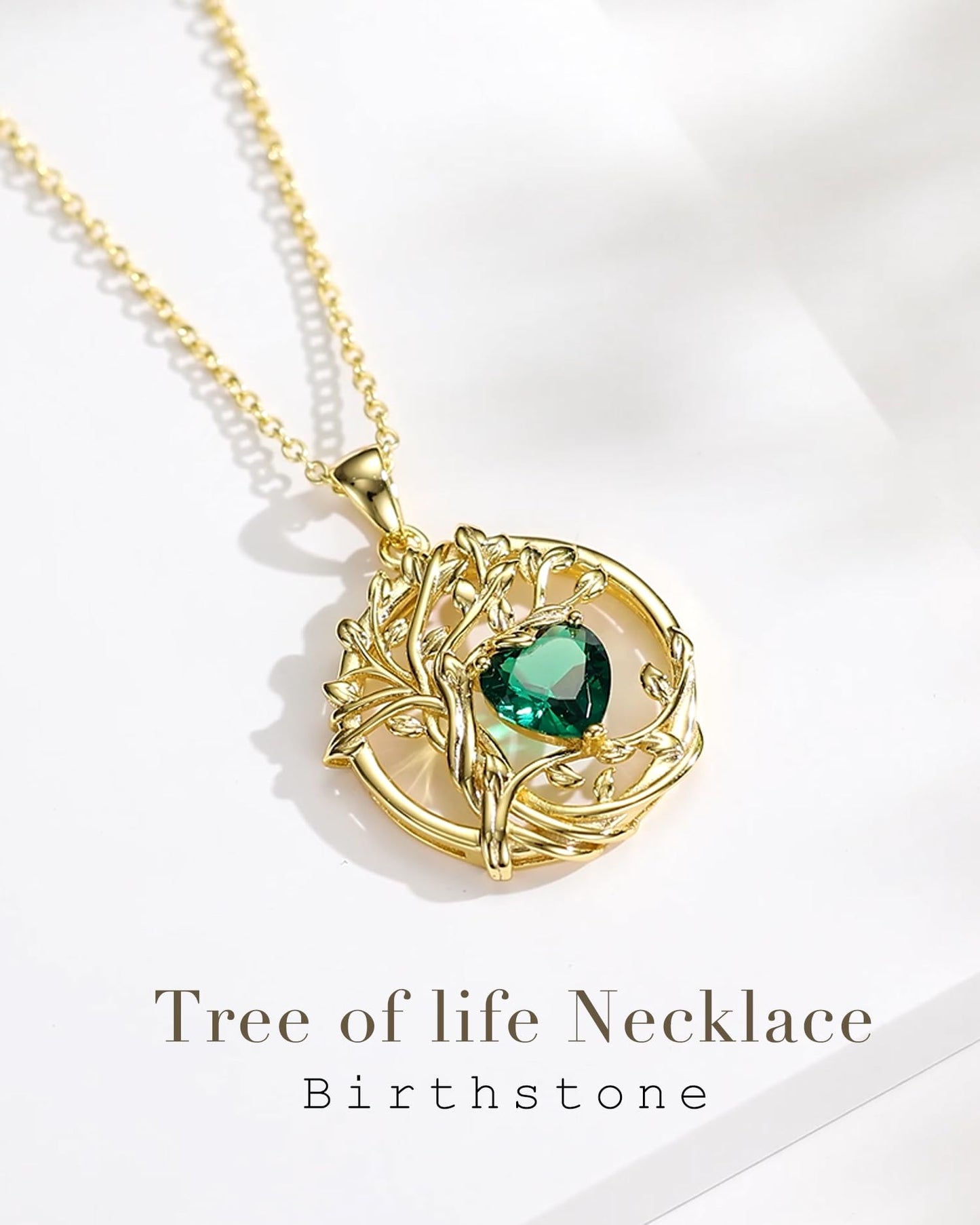 FANCIME Tree of life Birthstone Necklace for Women Sterling Silver Yellow Gold Plated Emerald Pendant May Birthday Green Gemstone Anniversary Mothers Day Gifts for Mom Girlfriend Wife Her