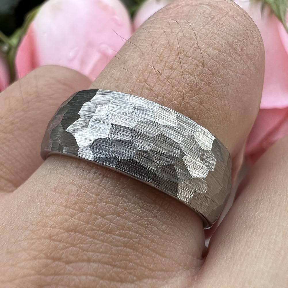 TUTISS 8mm Hammered Tungsten Rings for Men Women Fashion Engagement Wedding Bands Domed Matte Finish Comfort Fit Size 14