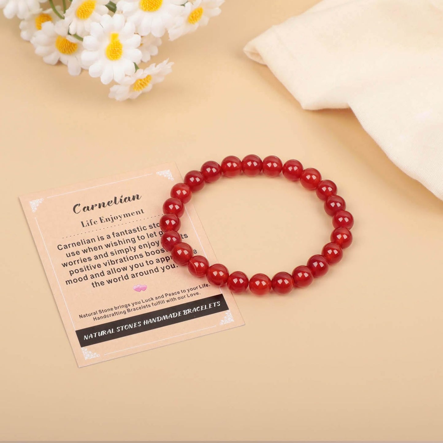 AD Beads Handmade Gemstone Stretch Elastic Bracelet Crystal Healing Reiki Nature's Beauty and Spiritual Essence Unisex (10mm, Carnelian (Life Enjoyment))