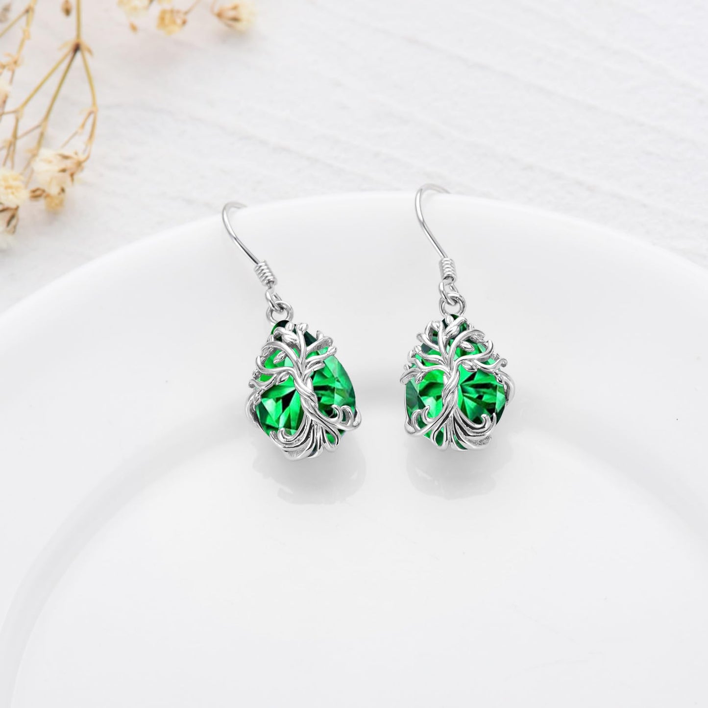 TOUPOP Emerald Tree of Life Earrings Sterling Silver Teardrop May Birthstone Earrings Family Tree Emerald Jewelry Birthday Mothers Day Gifts for Women Mom Her