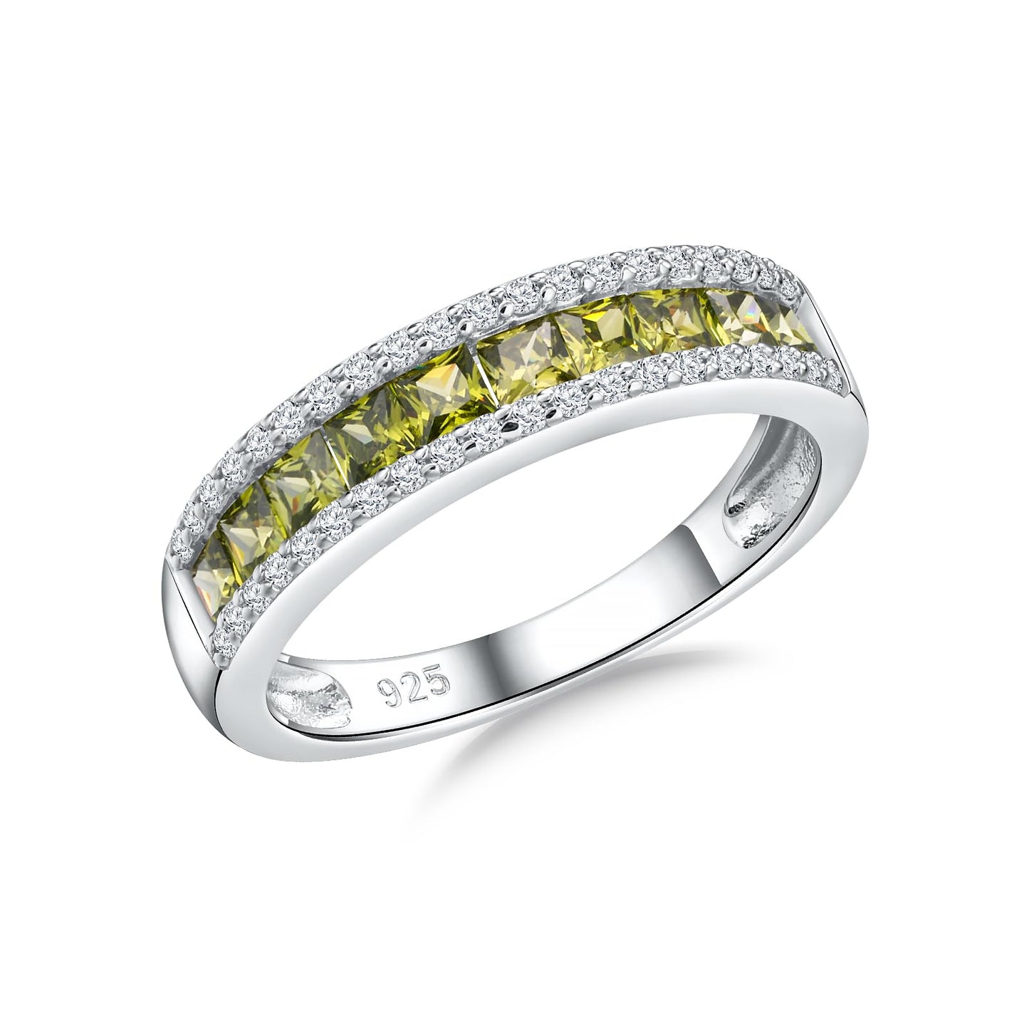 RANDES 925 Sterling Silver Peridot Ring Half Eternity Band Rings for Women Channel Set Princess Cut August Birthstone Ring Size 9
