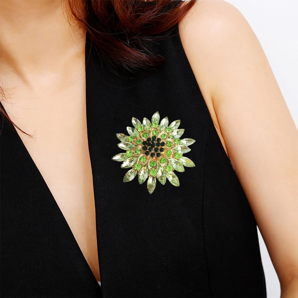 Rhinestone Large Flower Brooches Pins for Women Fashion Sparkly Crystal Sunflower Statement Brooch Wedding Party Suit Dress Formal Jewelry Accessories (Green)