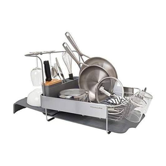 KitchenAid Compact to Full Size Expandable, Rust Resistant Satin Coated Dish Rack with Angled Self Draining Drain Board and Removable Flatware Caddy, 24-Inch, Charcoal