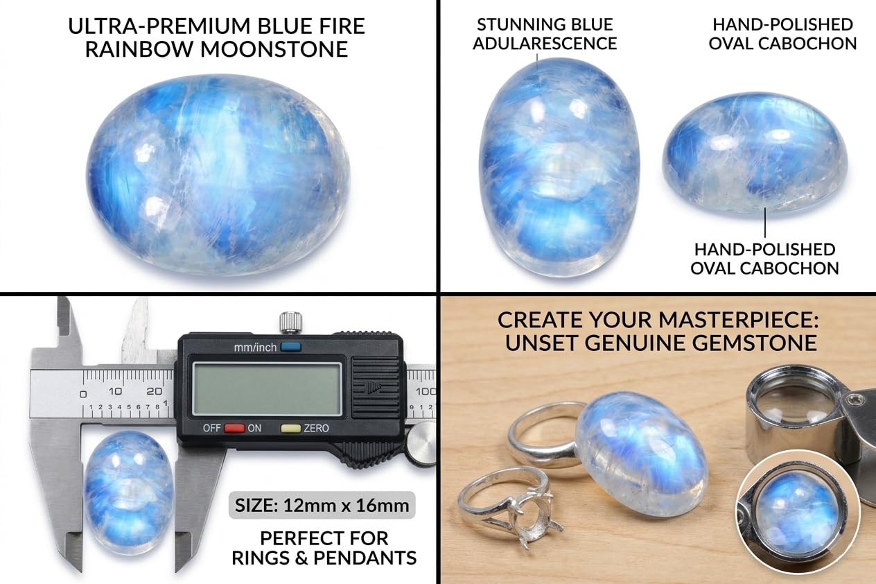 Myhealingworld Oval Shape Blue Fire Rainbow Moonstone AAA Quality Natural Calibrated 12x16mm Cabochon Loose Gemstone 2 pcs box.