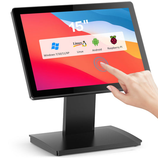 NewHail 15-inch Touchscreen POS Monitor, HDMI/VGA Capacitive Screen Display with Heavy-Duty Metal Stand for Retail, Restaurant, Bar, Gym, Warehouse and POS Systems