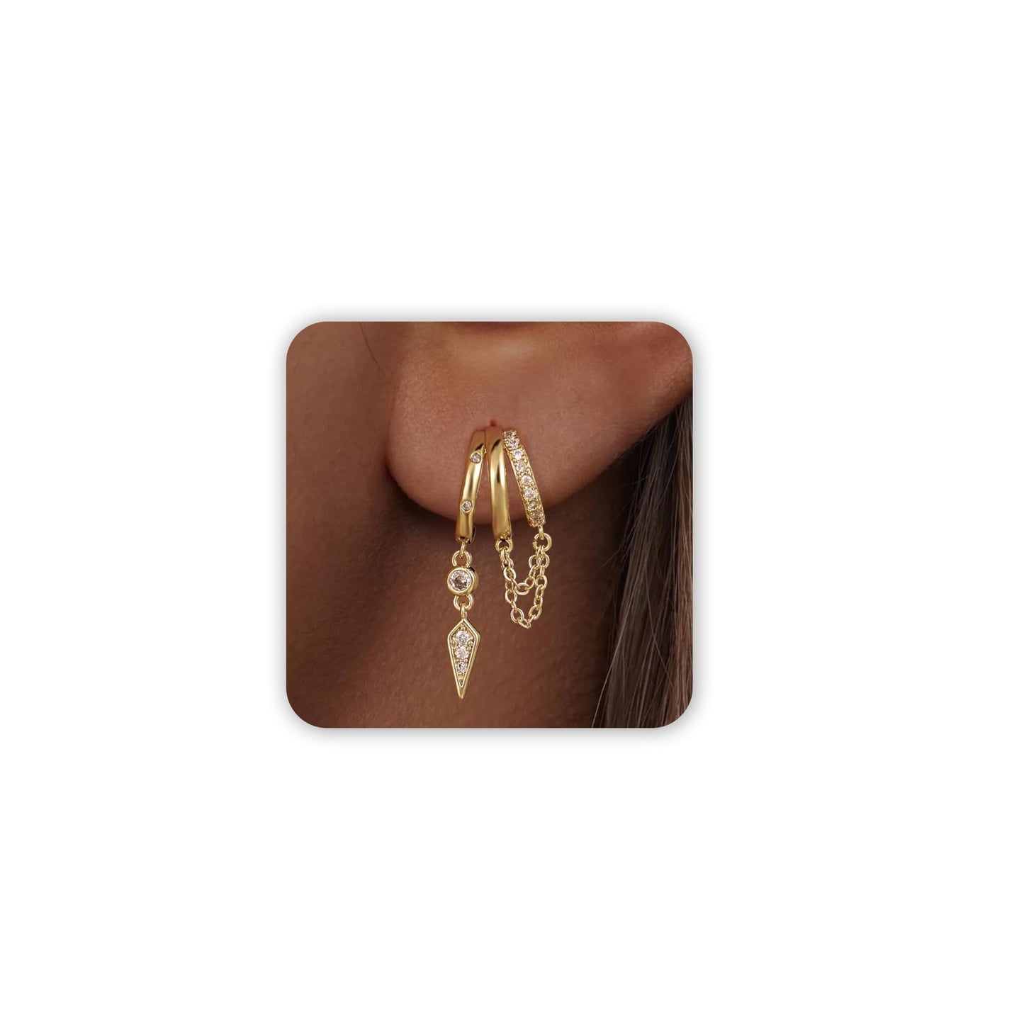 Freekiss Gold 3 Hoop Illusion Huggie Earrings for Women, Dainty Dangle Drop Chain Stud Earrings with Zircon, 14K Gold Plated Hypoallergenic Women Jewelry Trendy