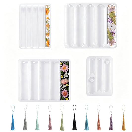 39 Pcs Resin Bookmark Mold, Silicone Epoxy Casting Molds Kit with 20 Tassels, Pre Punched Hole Design for DIY Bookmarks Craft Making, 10 Colors Presents for Adults Beginners Craft Classes