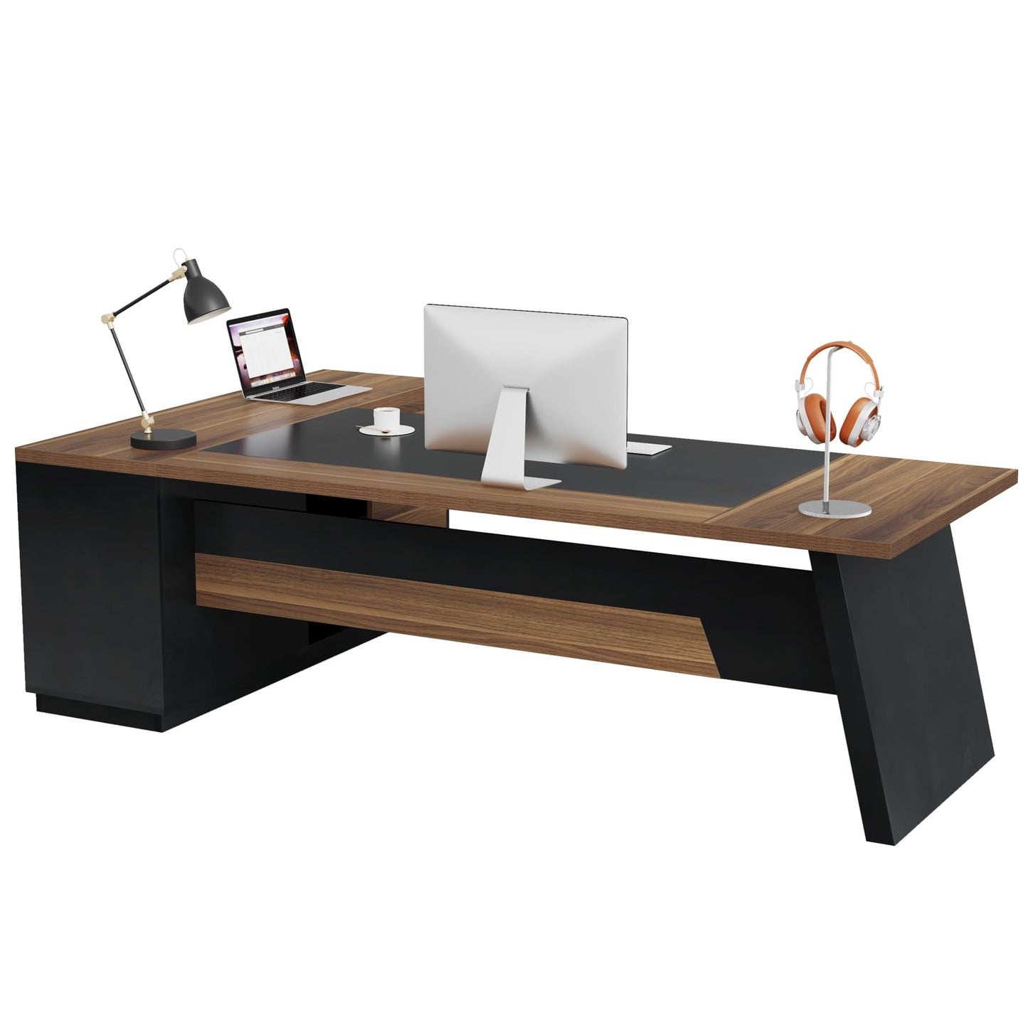 Tribesigns 78" L-Shaped Executive Desk, Large Modern Office Desk with Drawers and File Cabinet, Business Furniture with Storage Shelves, Big Computer Desk for Home Office (Light Walnut + Black)
