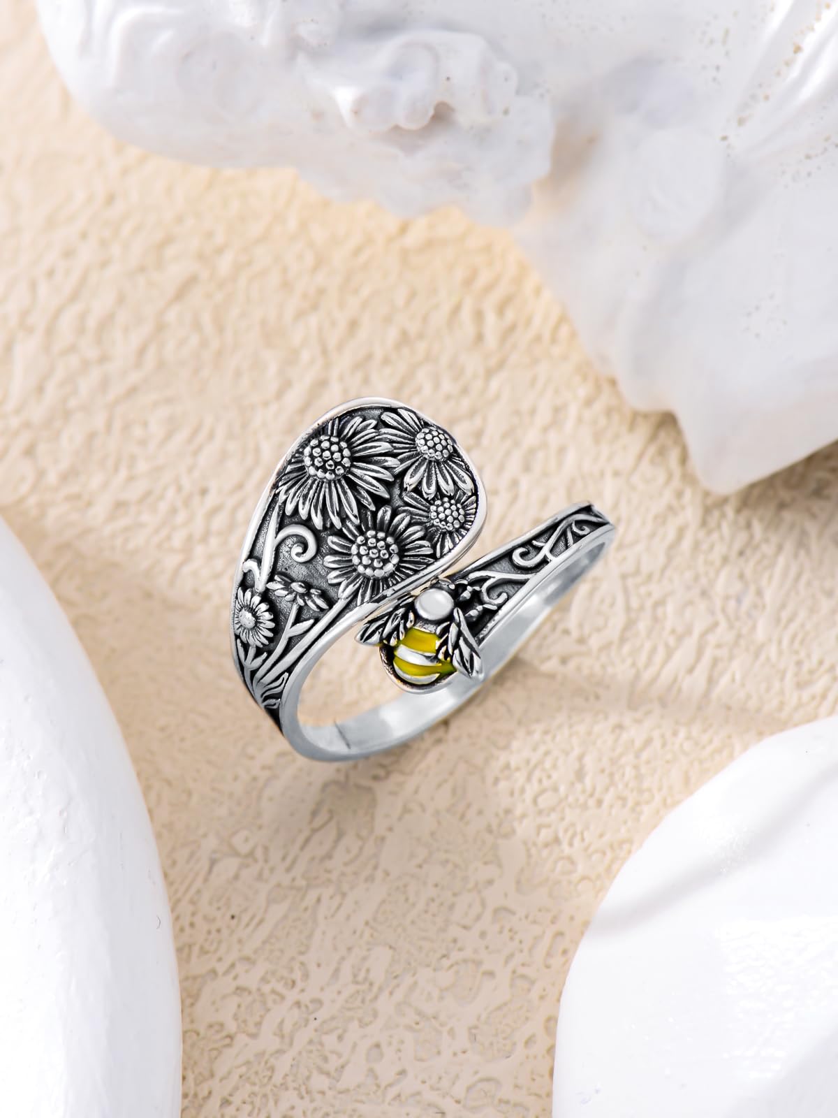 Midari Sunflower Bee Spoon Ring Sterling Silver Sunflower Ring Bee Ring for Women Adjustable Ring Flower Animal Jewelry Birthday Christmas Gifts for Women Daughter Wife(Customization)