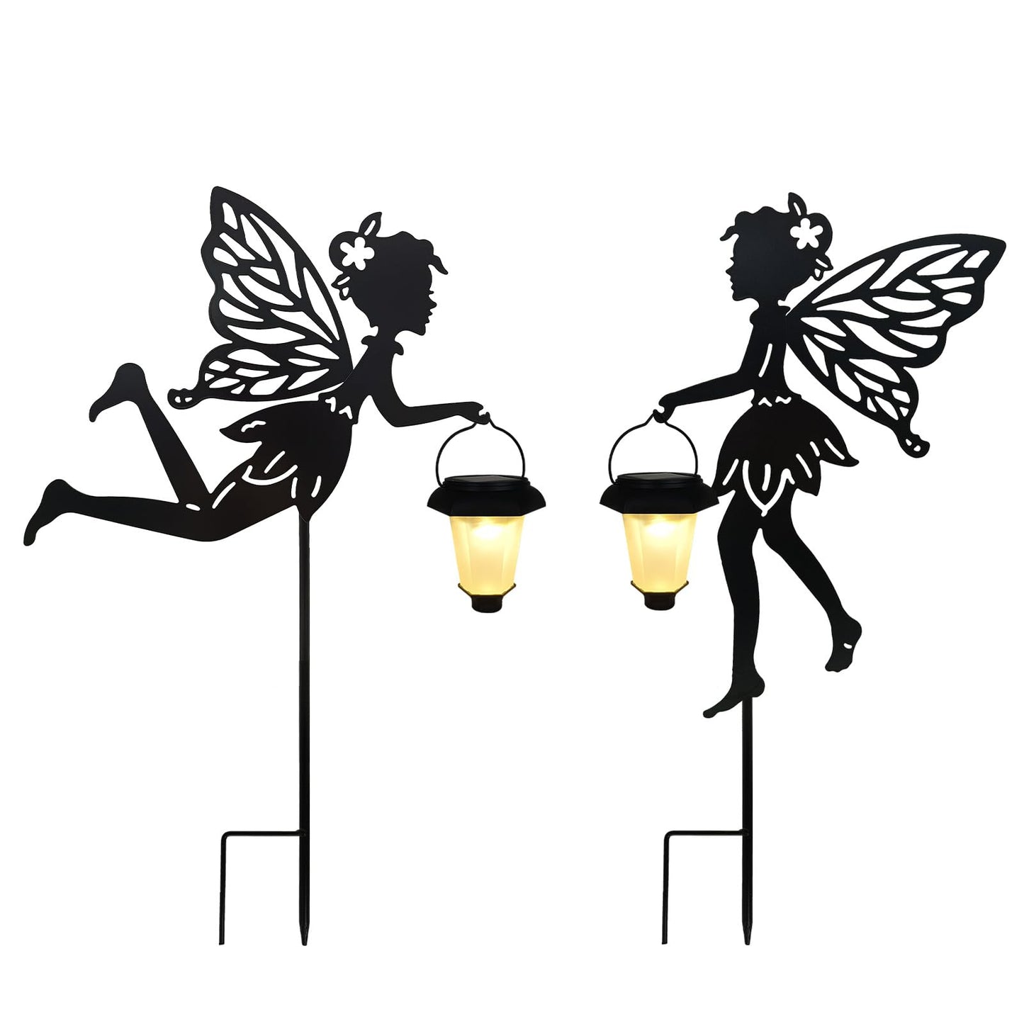 Solar Fairy Garden Stake Decorative Lantern, 2 Pack Metal Fairy Angel Garden Silhouette Lights for Lawn, Pathway, Patio, Yard Outdoor Decor