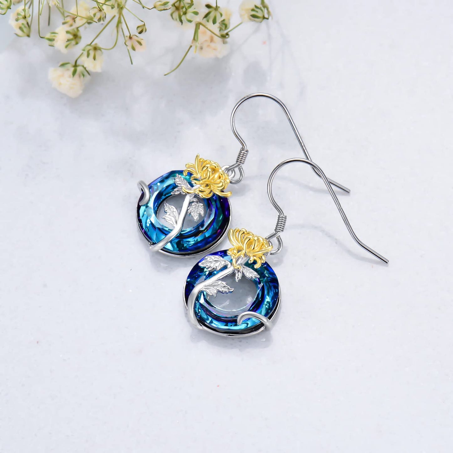 TOUPOP November Birth Flower Earrings Chrysanthemum Drop Dangle Earrings Blue Crystal Jewelry Birthday Mothers Day Gifts for Women Mom Her