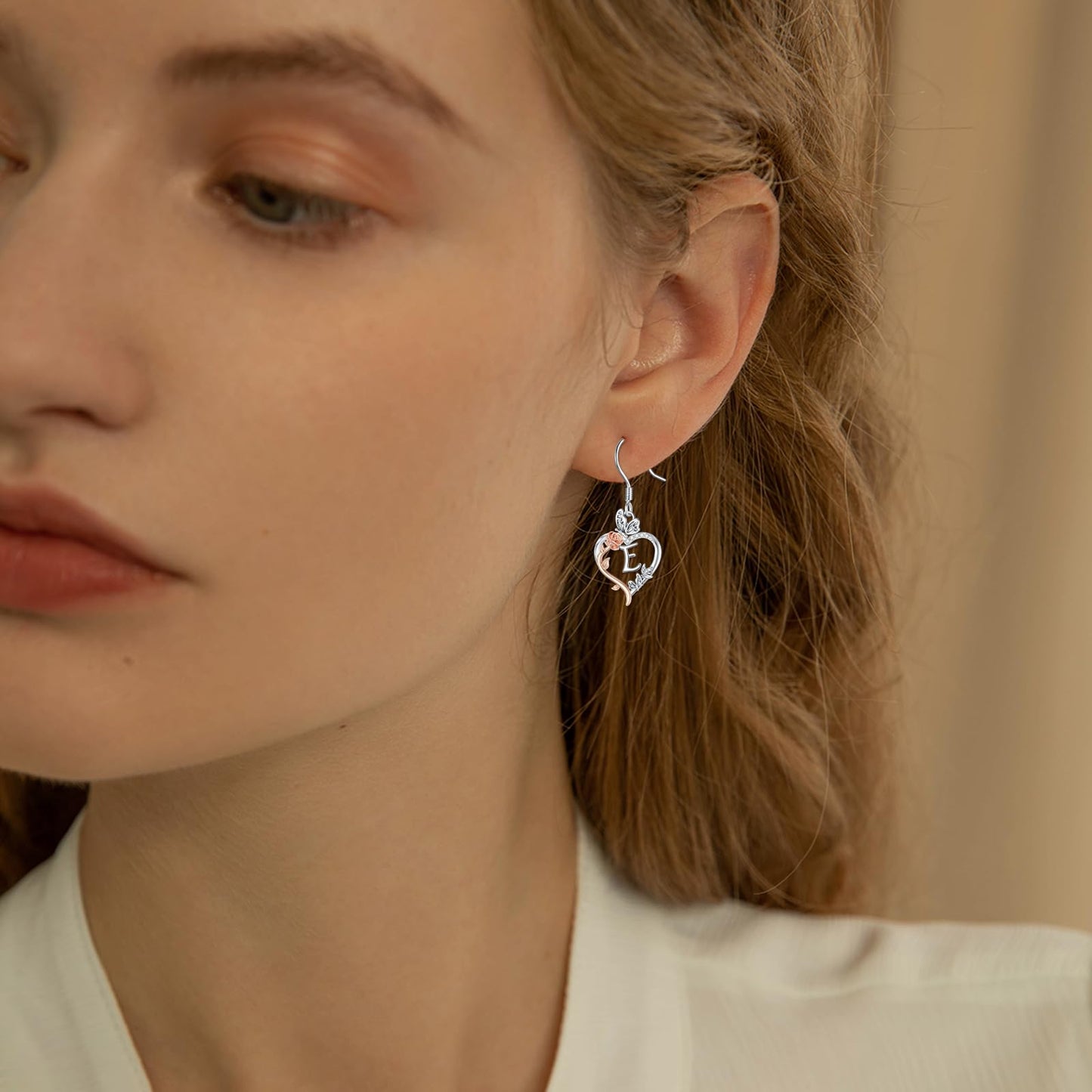 TOUPOP Rose Heart Initial Earrings Sterling Silver Butterfly Earring Initial E Letter Drop Dangle Earrings Jewelry Anniversary Birthday Mothers Day Gifts for Women Mom Wife Girlfriend Her