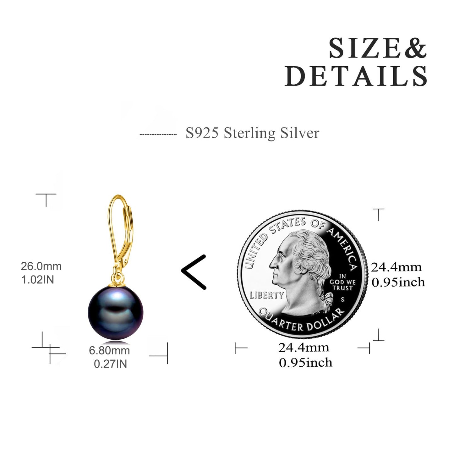 925 Sterling Silver Black Pearl Leverback Earrings Dangle Drop 18K Gold Plated Jewelry Gifts for Women (Black Pearl-Gold)