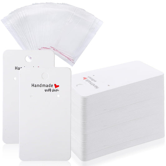 500 Pcs White Earring Display Cards with 500 Pcs Bags, 2x3.5 inch Jewelry Display Holder Cards, Handmade with Love Hanging Tags for Selling, DIY Crafts, Retail